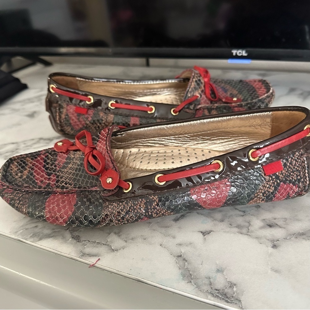 Marc Joseph New York Cypress Hill Exotic Leather Driving Loafers Sz 7 Red Brw - Picture 3 of 11